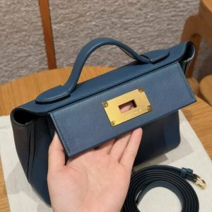 Hermes Kelly Mini 2424 24/24 Bag 21CM Handmade In Evercolor and Swift Calfskin Leather Gold Hardware 1P Colvert - Image 6