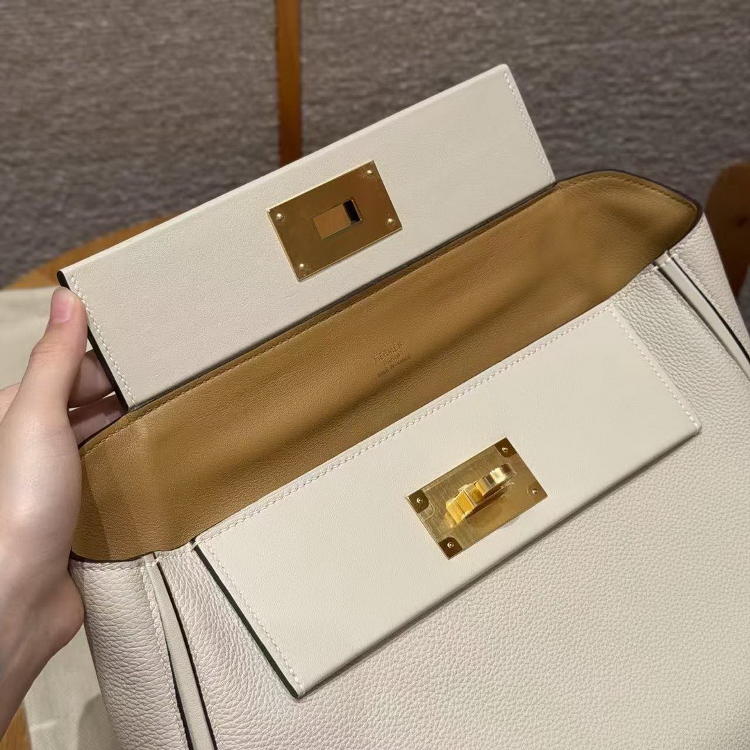 Hermes Kelly 2424 24/24 Bag 29CM Handmade In Togo and Swift Calfskin Leather Gold Hardware 10 Craie 4B Biscuit - Image 8