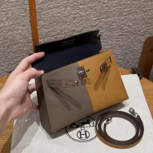 Hermes Kelly Mini 2 19CM Bag Handmade In Epsom Calfskin Leather Silver Hardware 18 Etoupe 2S Sesame 2Z Blue Nuit - Image 11