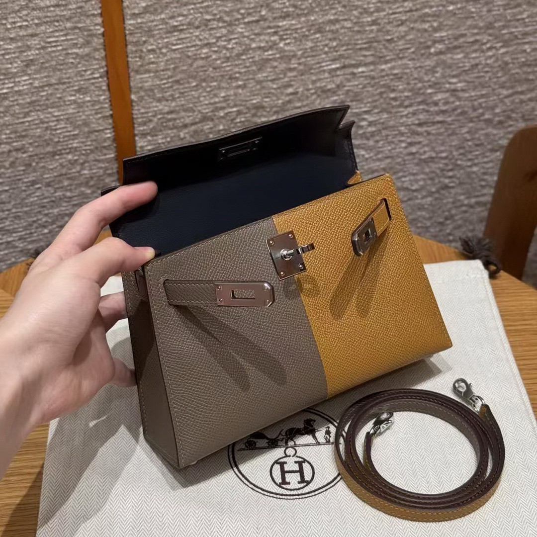 Hermes Kelly Mini 2 19CM Bag Handmade In Epsom Calfskin Leather Silver Hardware 18 Etoupe 2S Sesame 2Z Blue Nuit - Image 11