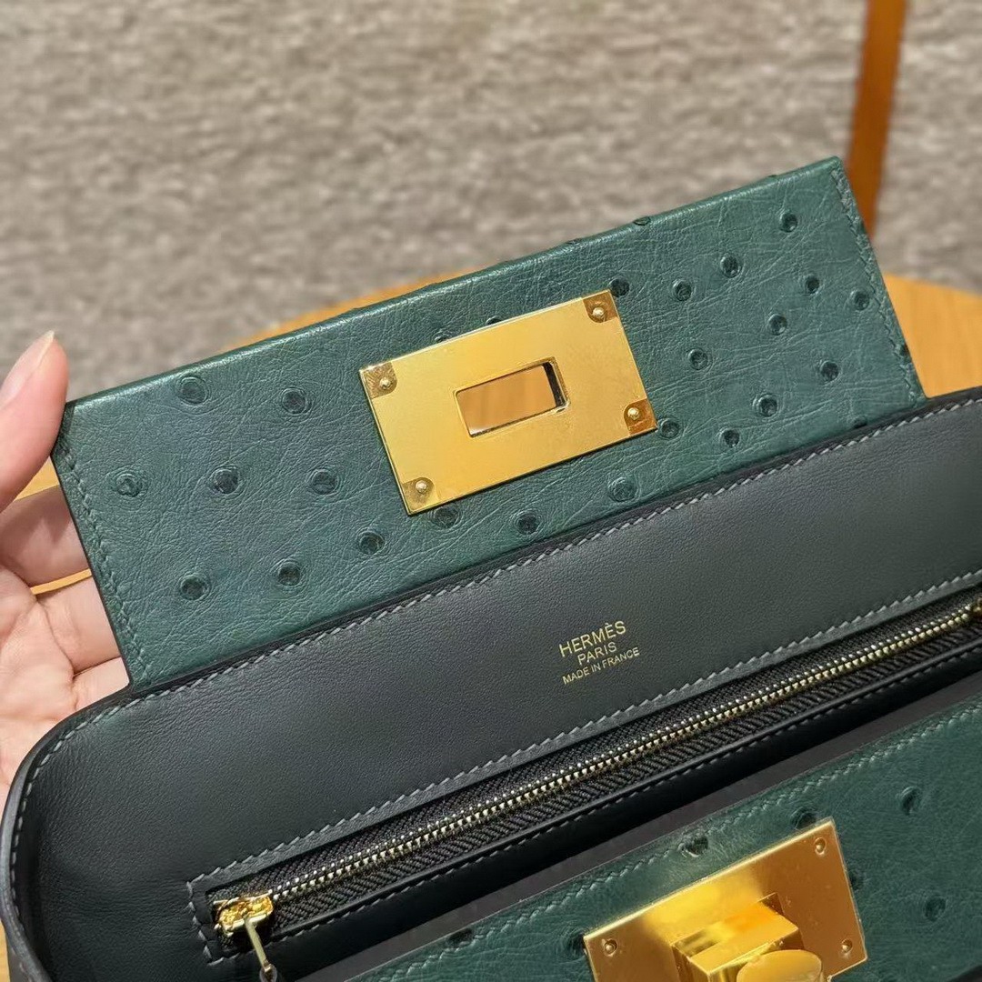 Hermes Kelly Mini 2424 24/24 Bag 21CM Handmade In Swift Calfskin Leather KK Ostrich Gold Hardware Vo Vert Rousseau - Image 9