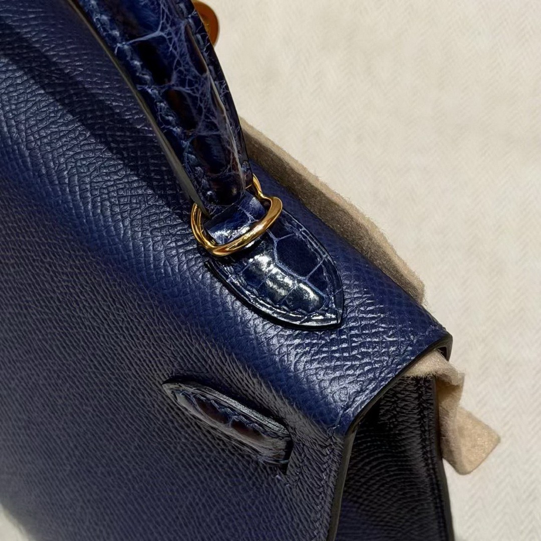 Hermes Kelly Mini 2 19CM Bag Handmade In Epsom Calfskin Leather and Bright Faced American Alligator Gold Hardware 73 Blue Saphir - Image 5