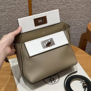 Hermes Kelly 2424 24/24 Bag 21CM Handmade In Evercolor and Swift Calfskin Leather Silver Hardware 8Q Beige Marfa 0U New White - Image 12