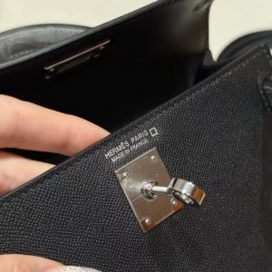 Hermes Kelly Mini 2 19CM Bag Handmade In Madame and Bright faced American Alligator Leather Silver Hardware 89 Noir 0V Gris Ciment - Image 14