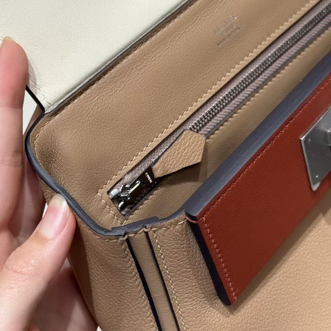 Hermes Kelly 2424 24/24 Bag 21CM Handmade In Evercolor and Swift Calfskin Leather Silver Hardware 0M Chai l2 Nata 6C Cuivre - Image 13