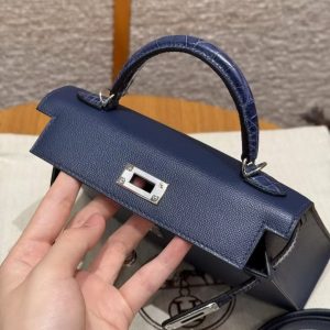 Hermes Kelly Mini 2 19CM Bag Handmade In Madame and Alligator Imported Leather from Mississippi Silver Hardware 73 Blue Saphir - Image 15
