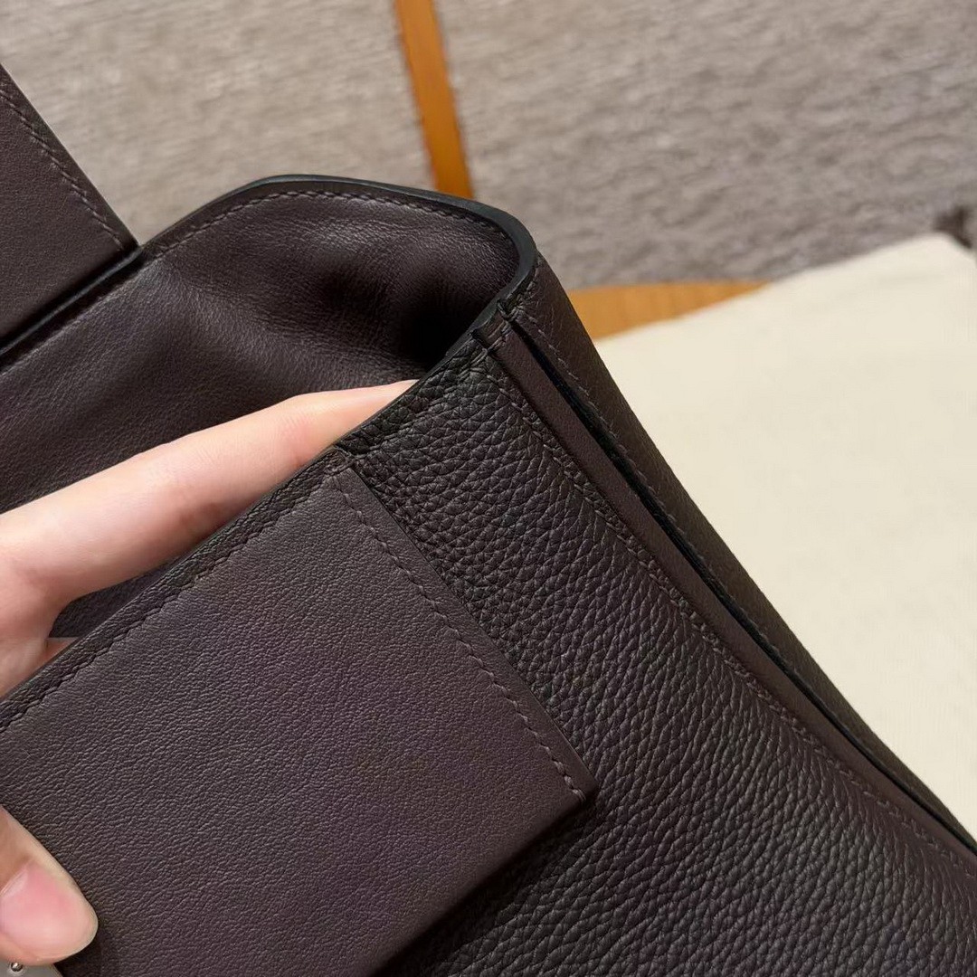 Hermes Kelly 2424 24/24 Bag 29CM Handmade In Evercolor and Swift Calfskin Leather Silver Hardware 47 Chocolate - Image 8