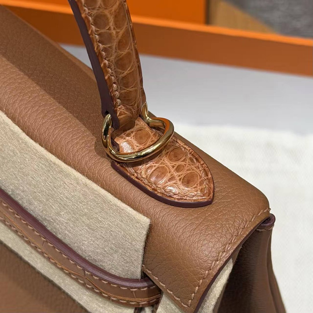 Hermes Kelly 25 Bag Handmade In Togo Calfskin Leather and Alligator from Mississippi Gold Hardware 37 Gold - Image 7