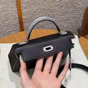 Hermes Kelly Mini 2 19CM Bag Handmade In Madame and Bright faced American Alligator Leather Silver Hardware 89 Noir 0V Gris Ciment - Image 9