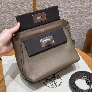 Hermes Kelly 2424 24/24 Bag 21CM Handmade In Evercolor and Swift Calfskin Leather Silver Hardware 18 Etoupe 46 Ebene - Image 12