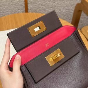 Hermes Kelly 2424 24/24 Bag 21CM Handmade In Evercolor and Swift Calfskin Leather Gold Hardware OG Rouge Sellier 90 Rramboise - Image 12