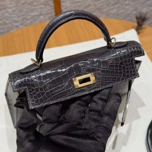 Hermes Kelly Mini 2 19CM Bag Handmade In Bright Faced Alligator Imported Leather from Mississippi Gold Hardware 88 Graphite - Image 8
