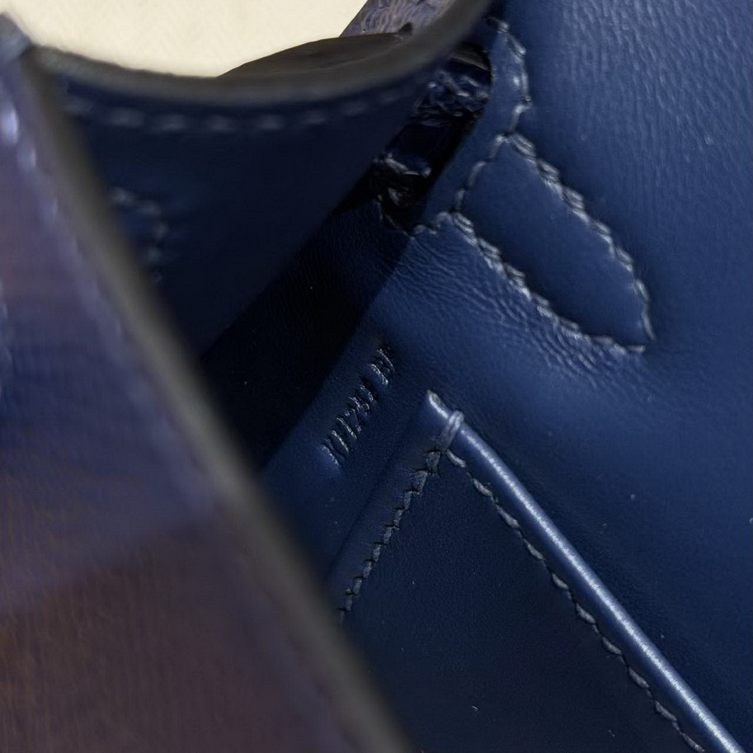Hermes Kelly Mini 2 19CM Bag Handmade In Epsom Calfskin Leather and Bright Faced American Alligator Gold Hardware 73 Blue Saphir - Image 12