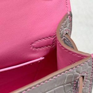 Hermes Kelly Mini 2 19 CM Bag Handmade In Matte Alligator Leather from Mississippi Sliver Hardware 80 Pearl Gray 5P Pink - Image 6