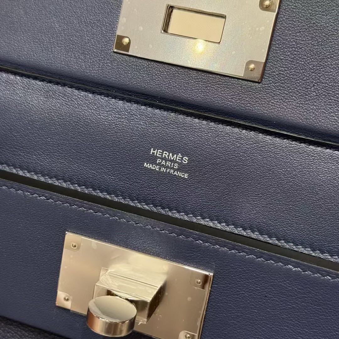 Hermes Kelly Mini 2424 24/24 Bag 21CM Handmade In Evercolor and Swift Calfskin Leather Silver Hardware 73 Blue Saphir - Image 22