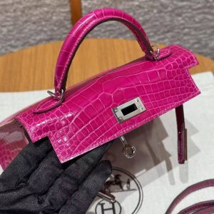 Hermes Kelly Mini 2 19CM Bag Handmade In Bright faced Alligator Leather Silver Diamond Hardware J5 Rose Scheherazade - Image 9