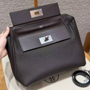 Hermes Kelly 2424 24/24 Bag 29CM Handmade In Evercolor and Swift Calfskin Leather Silver Hardware 47 Chocolate - Image 10