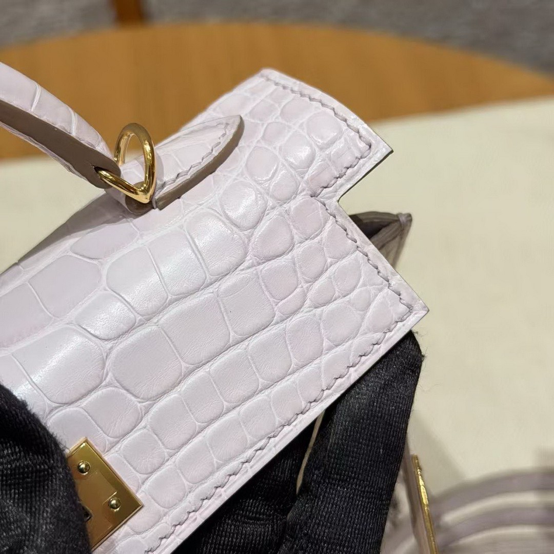 Hermes Kelly Mini 2 19CM Bag Handmade In Alligator Imported Leather From Mississippi Gold Hardware 09 Mauve Pale - Image 8