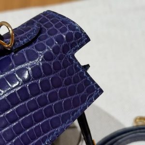 Hermes Kelly Mini 2 19CM Bag Handmade In Bright Faced Alligator Leather from Mississippi Gold Hardware M3 Blue Encer - Image 8