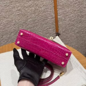 Hermes Kelly Mini 2 19CM Bag Handmade In Bright Faced Alligator Leather from Mississippi Gold Hardware J5 Rose Scheherazade - Image 19