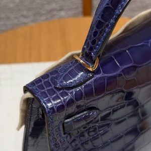 Hermes Kelly Mini 2 19CM Bag Handmade In Bright Faced Alligator Leather from Mississippi Gold Hardware M3 Blue Encer - Image 15