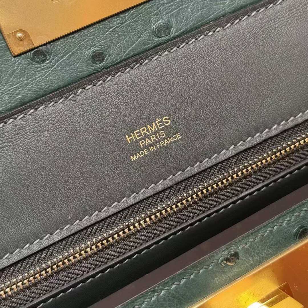 Hermes Kelly Mini 2424 24/24 Bag 21CM Handmade In Swift Calfskin Leather KK Ostrich Gold Hardware Vo Vert Rousseau - Image 16