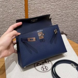 Hermes Kelly Mini 2 19CM Bag Handmade In Madame and Alligator Imported Leather from Mississippi Silver Hardware 73 Blue Saphir - Image 14