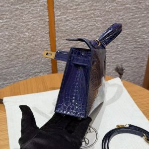 Hermes Kelly Mini 2 19CM Bag Handmade In Bright Faced Alligator Leather from Mississippi Gold Hardware M3 Blue Encer - Image 10
