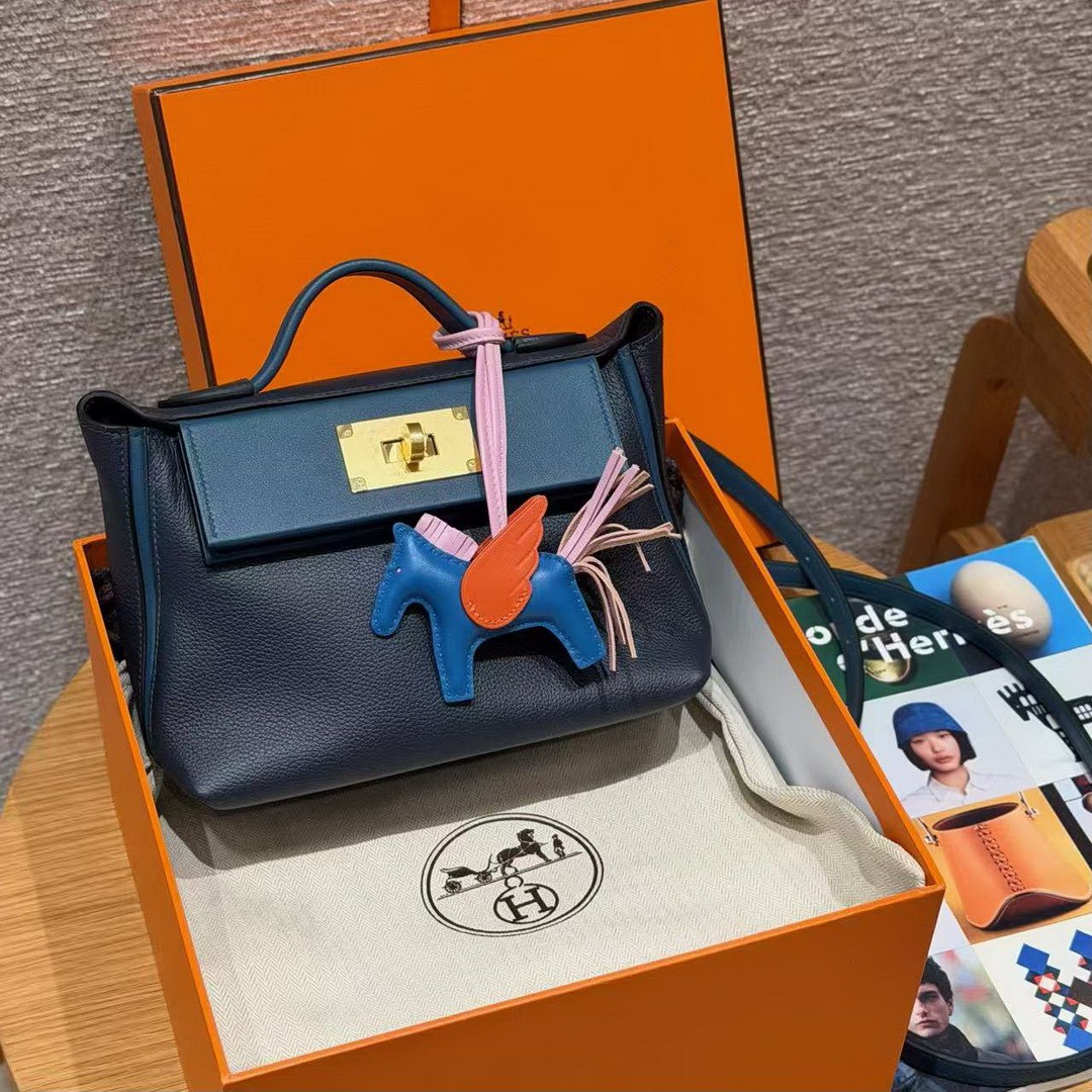 Hermes Kelly Mini 2424 24/24 Bag 21CM Handmade In Evercolor and Swift Calfskin Leather Gold Hardware 2Z Blue Nuit 7U Blue Navy - Image 12