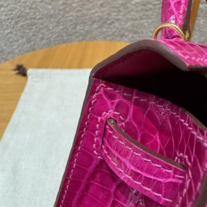 Hermes Kelly Mini 2 19CM Bag Handmade In Bright Faced Alligator Leather from Mississippi Gold Hardware J5 Rose Scheherazade - Image 6