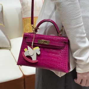 Hermes Kelly Mini 2 19CM Bag Handmade In Bright Faced Alligator Leather from Mississippi Gold Hardware J5 Rose Scheherazade - Image 3