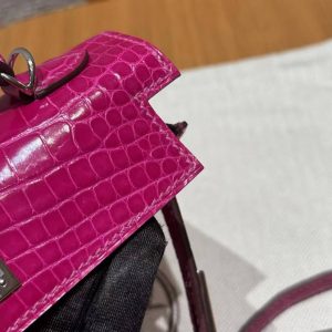 Hermes Kelly Mini 2 19CM Bag Handmade In Bright faced Alligator Leather Silver Diamond Hardware J5 Rose Scheherazade - Image 8