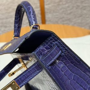 Hermes Kelly Mini 2 19CM Bag Handmade In Bright Faced Alligator Leather from Mississippi Gold Hardware M3 Blue Encer - Image 7