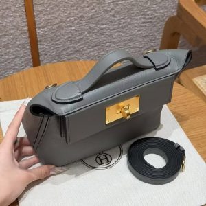 Hermes Kelly Mini 2424 24/24 Bag 21CM Handmade In Evercolor and Swift Calfskin Leather Gold Hardware 0L Gris Meyer - Image 12