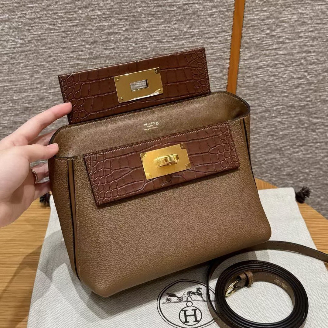 Hermes Kelly Mini 2424 24/24 Bag 21CM Handmade In Togo Calfskin Leather Matte American Crocodile Gold Hardware 3G Alezan - Image 4