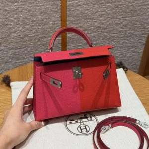 Hermes Kelly Mini 2 19CM Bag Handmade In Epsom Calfskin Leather Silver Hardware l6 Rose Extreme S3 Rouge Coeur B3 Blue Zanzibar - Image 19