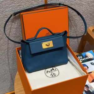 Hermes Kelly Mini 2424 24/24 Bag 21CM Handmade In Evercolor and Swift Calfskin Leather Gold Hardware 1P Colvert - Image 11