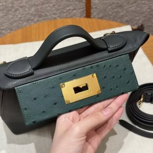 Hermes Kelly Mini 2424 24/24 Bag 21CM Handmade In Swift Calfskin Leather KK Ostrich Gold Hardware Vo Vert Rousseau - Image 8