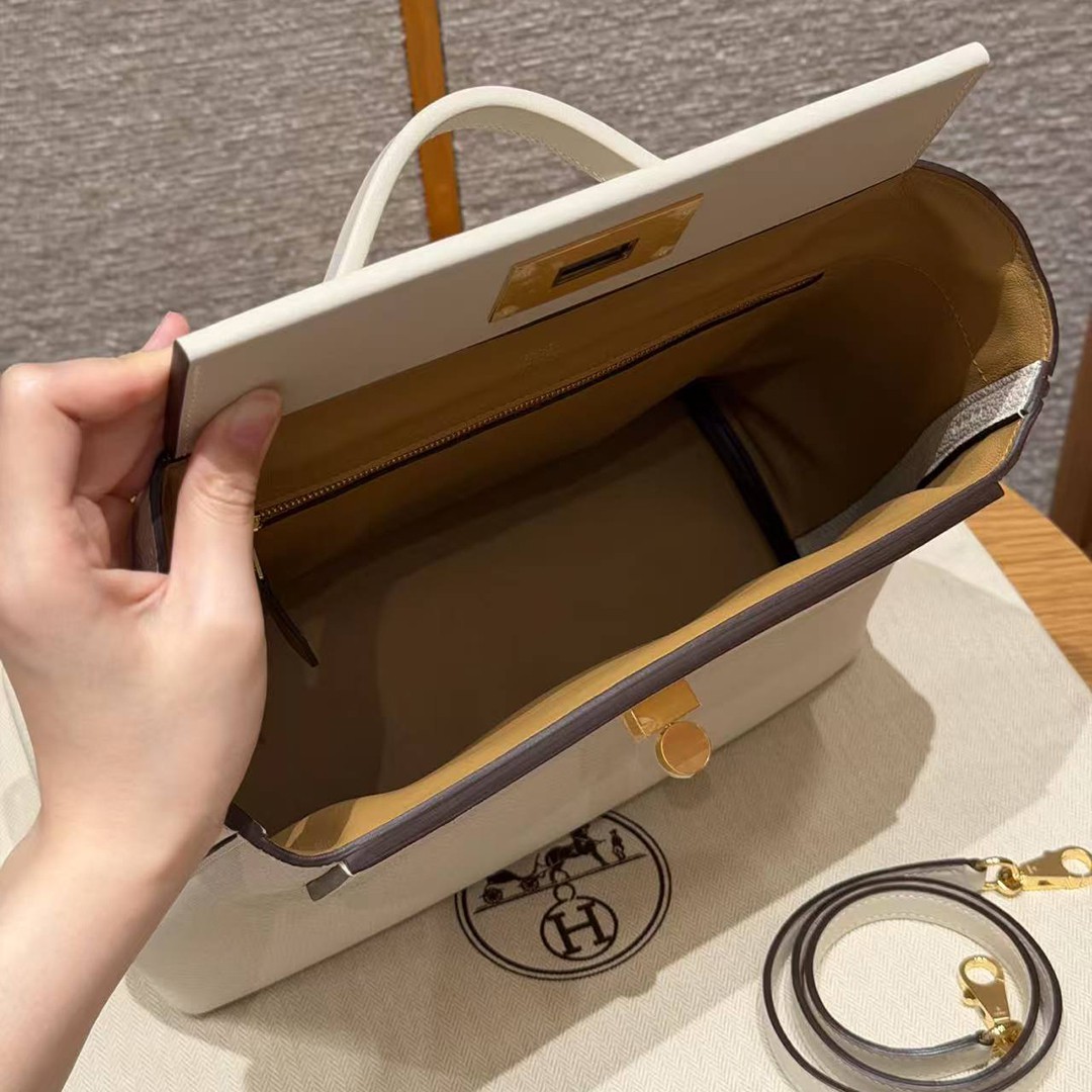 Hermes Kelly 2424 24/24 Bag 29CM Handmade In Togo and Swift Calfskin Leather Gold Hardware 10 Craie 4B Biscuit - Image 12