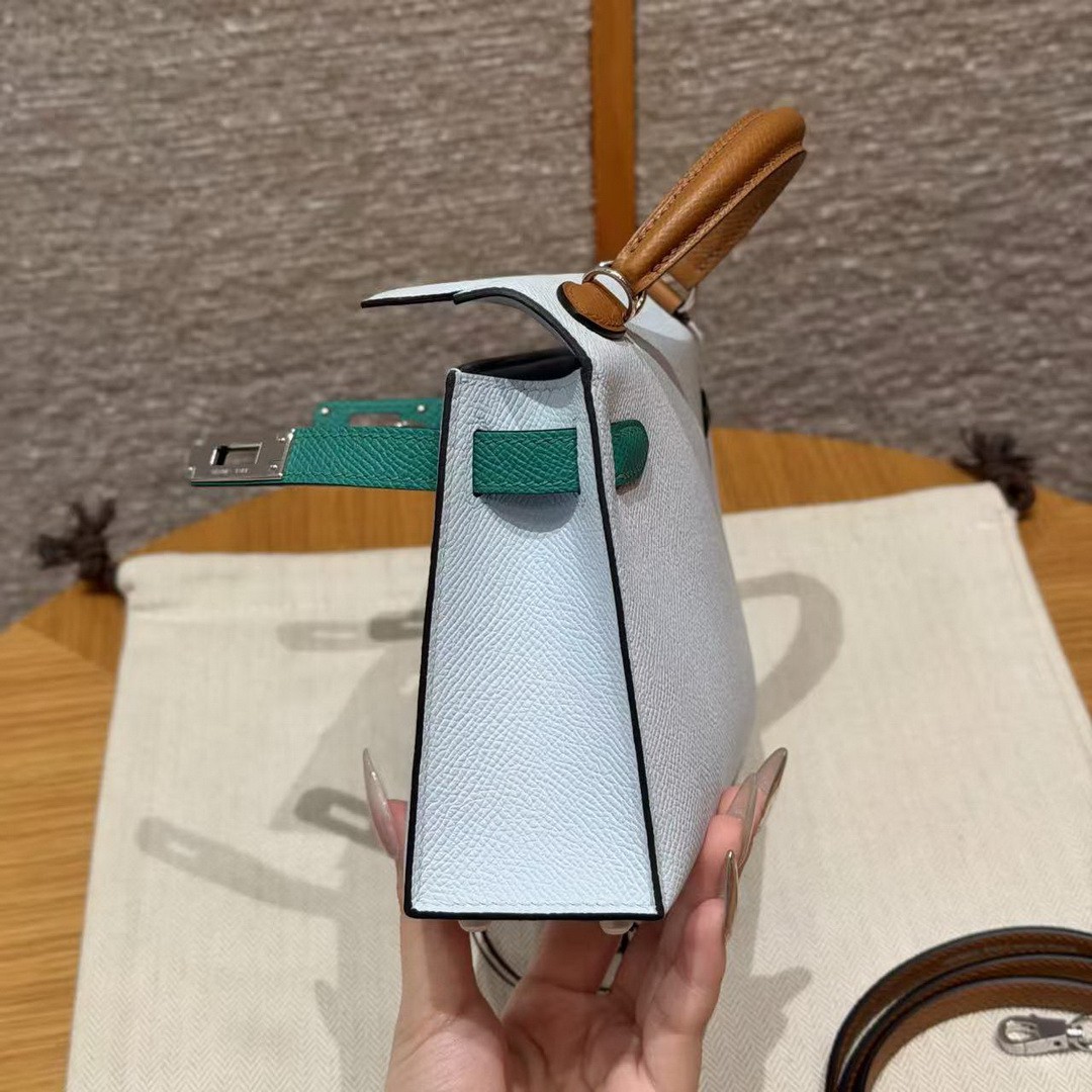 Hermes Kelly Mini 2 19CM Bag Handmade In Epsom Calfskin Leather Silver Hardware T0 Blue Brume 37 Gold O6 Vert Jade - Image 12