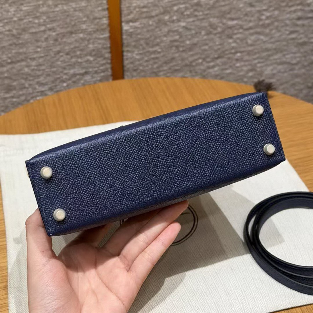 Hermes Kelly Mini 2 19CM Bag Handmade In Epsom Calfskin Leather and Bright Faced American Alligator Gold Hardware 73 Blue Saphir - Image 16