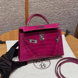 Hermes Kelly Mini 2 19CM Bag Handmade In Bright faced Alligator Leather Silver Diamond Hardware J5 Rose Scheherazade - Image 11