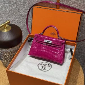 Hermes Kelly Mini 2 19CM Bag Handmade In Bright faced Alligator Leather Silver Diamond Hardware J5 Rose Scheherazade - Image 12