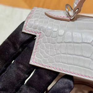 Hermes Kelly Mini 2 19 CM Bag Handmade In Matte Alligator Leather from Mississippi Sliver Hardware 80 Pearl Gray 5P Pink - Image 13