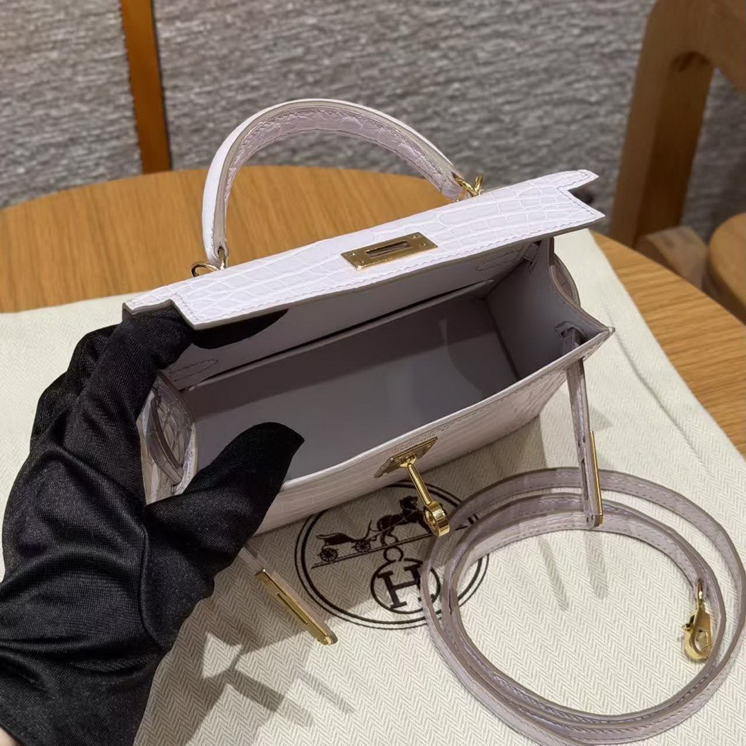 Hermes Kelly Mini 2 19CM Bag Handmade In Alligator Imported Leather From Mississippi Gold Hardware 09 Mauve Pale - Image 17