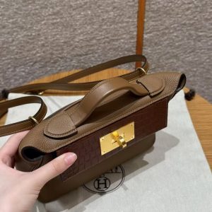 Hermes Kelly Mini 2424 24/24 Bag 21CM Handmade In Togo Calfskin Leather Matte American Crocodile Gold Hardware 3G Alezan - Image 5