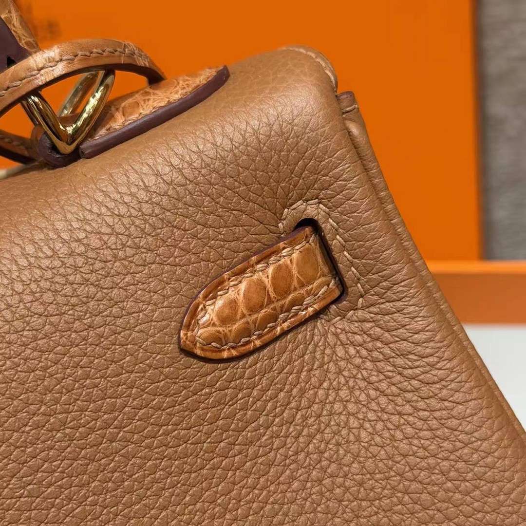 Hermes Kelly 25 Bag Handmade In Togo Calfskin Leather and Alligator from Mississippi Gold Hardware 37 Gold - Image 8