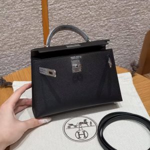 Hermes Kelly Mini 2 19CM Bag Handmade In Madame and Bright faced American Alligator Leather Silver Hardware 89 Noir 0V Gris Ciment - Image 10