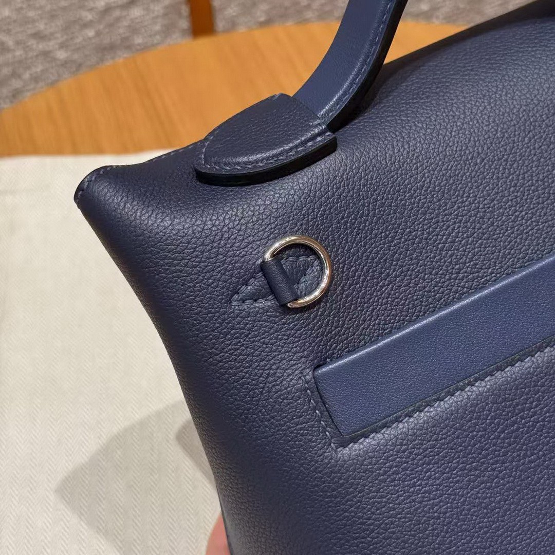 Hermes Kelly Mini 2424 24/24 Bag 21CM Handmade In Evercolor and Swift Calfskin Leather Silver Hardware 73 Blue Saphir - Image 13