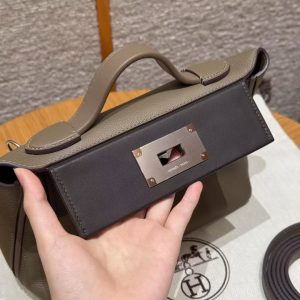 Hermes Kelly 2424 24/24 Bag 21CM Handmade In Evercolor and Swift Calfskin Leather Silver Hardware 18 Etoupe 46 Ebene - Image 13